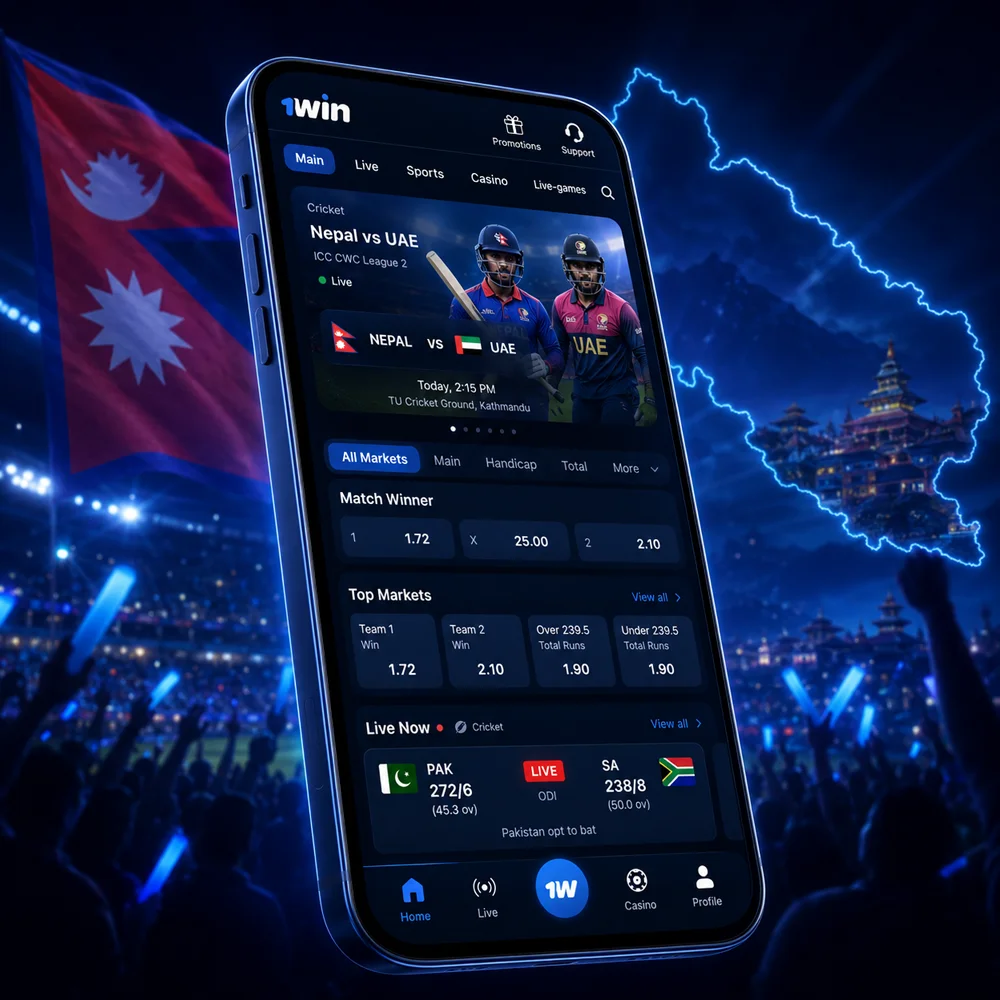 1win-casino-app-nepal-cricket-betting.webp Smartphone displaying the 1win cricket betting interface against a blurred stadium and cheering crowd background