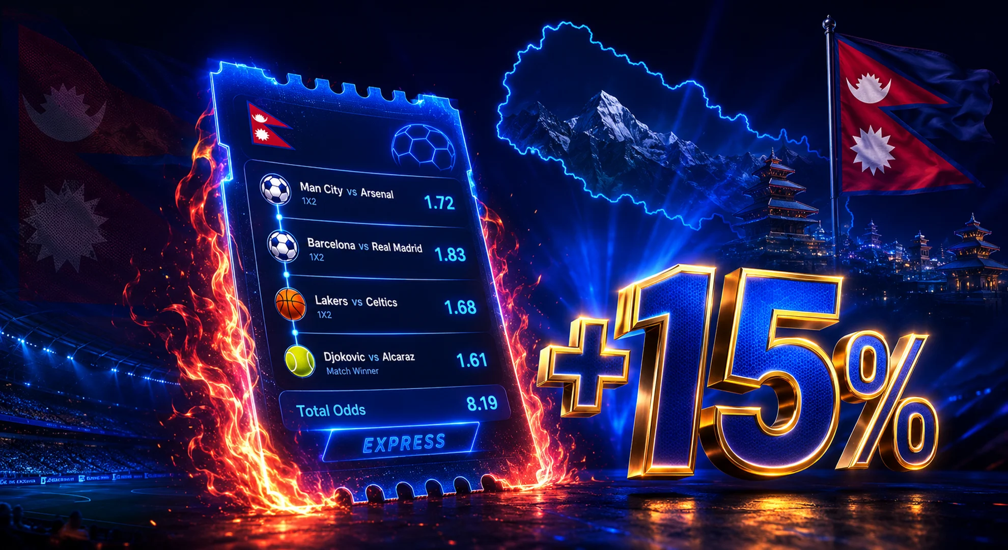 Glowing neon express bet slip showing sports events linked with a 3D plus fifteen percent bonus sign