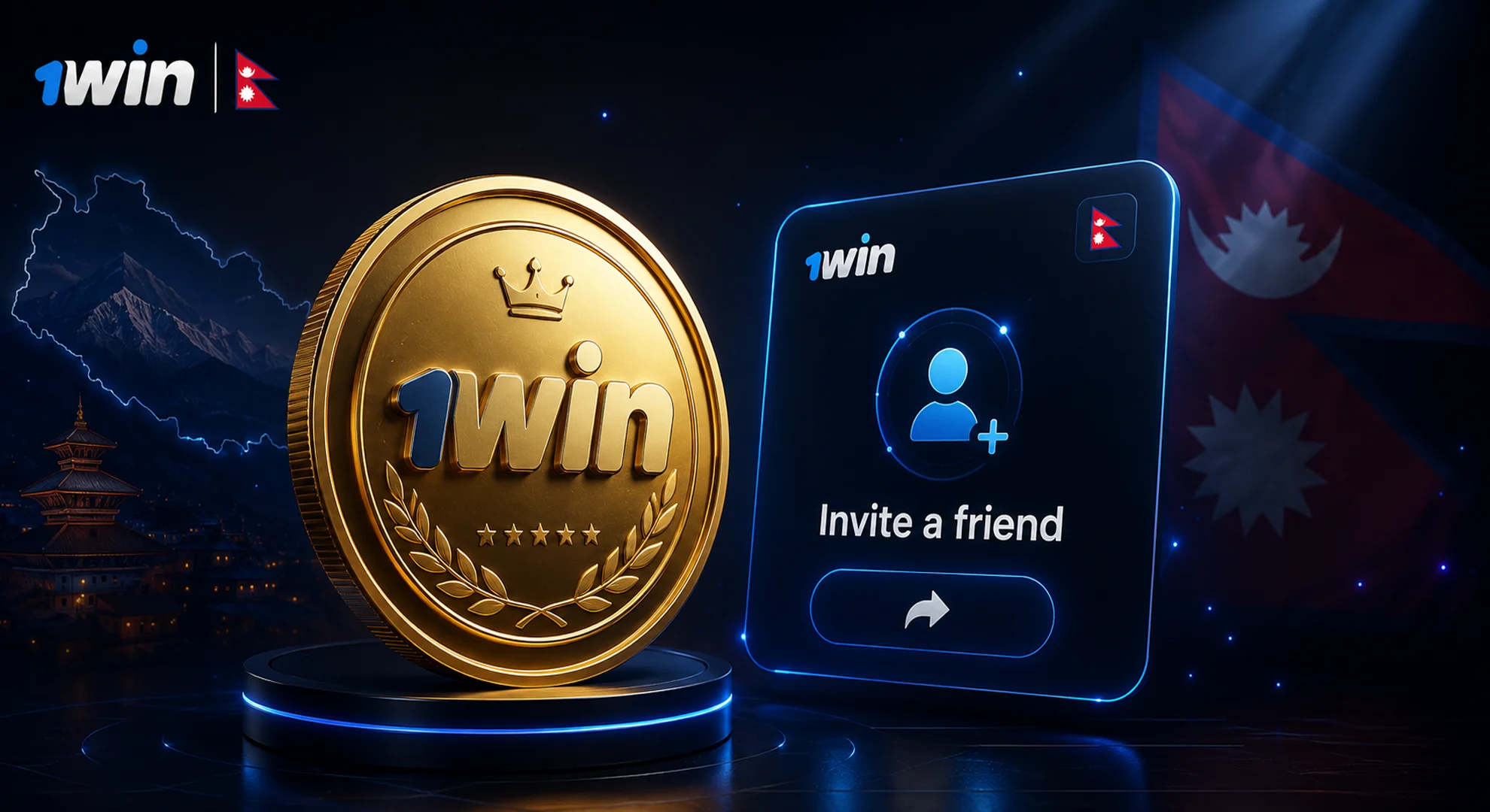 Detailed gold 1win coin on a matte dark background next to an invite a friend user interface pop-up