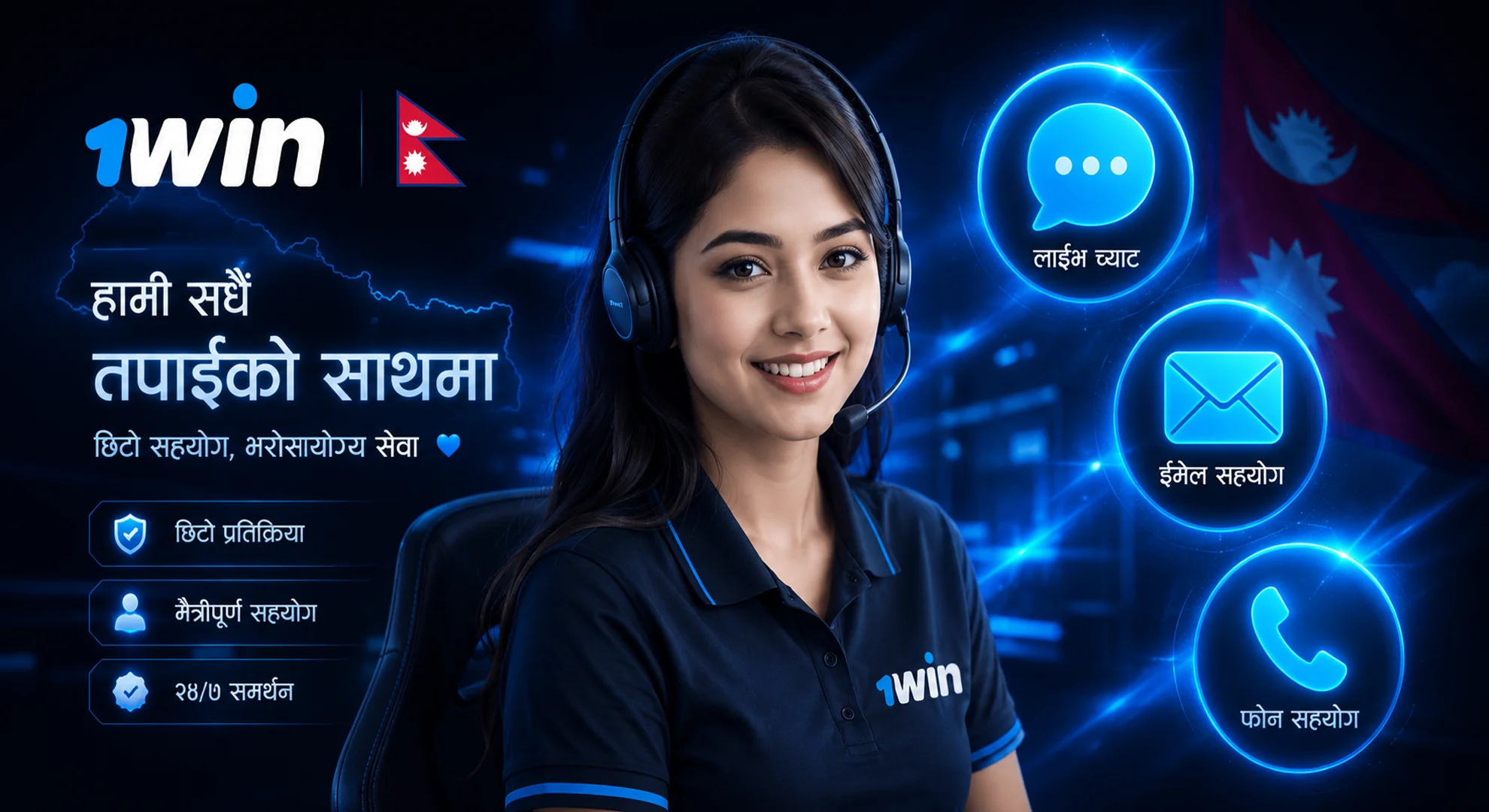 3D friendly female support agent wearing headset with floating chat, email, and call icons in Nepali language