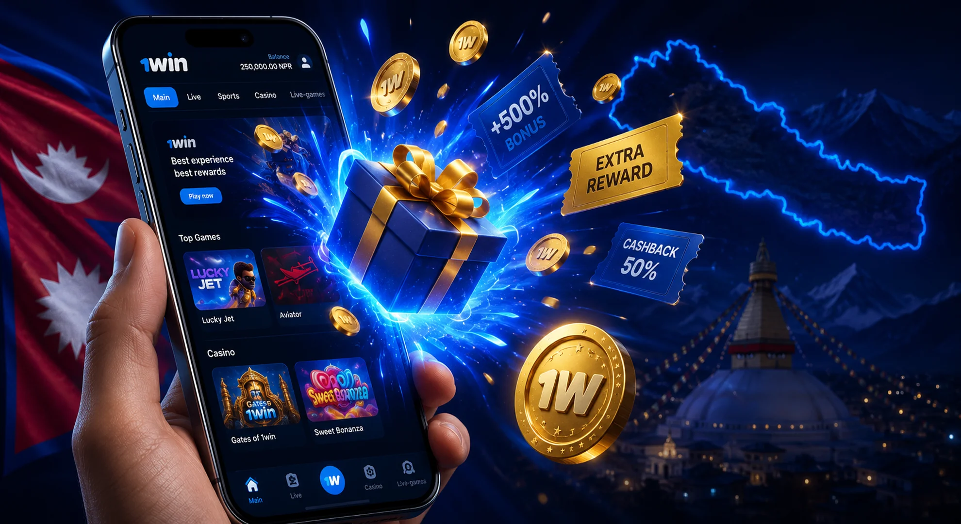 Hand holding a mobile phone with 3D gift boxes, gold coins, and bonus vouchers emerging from the screen