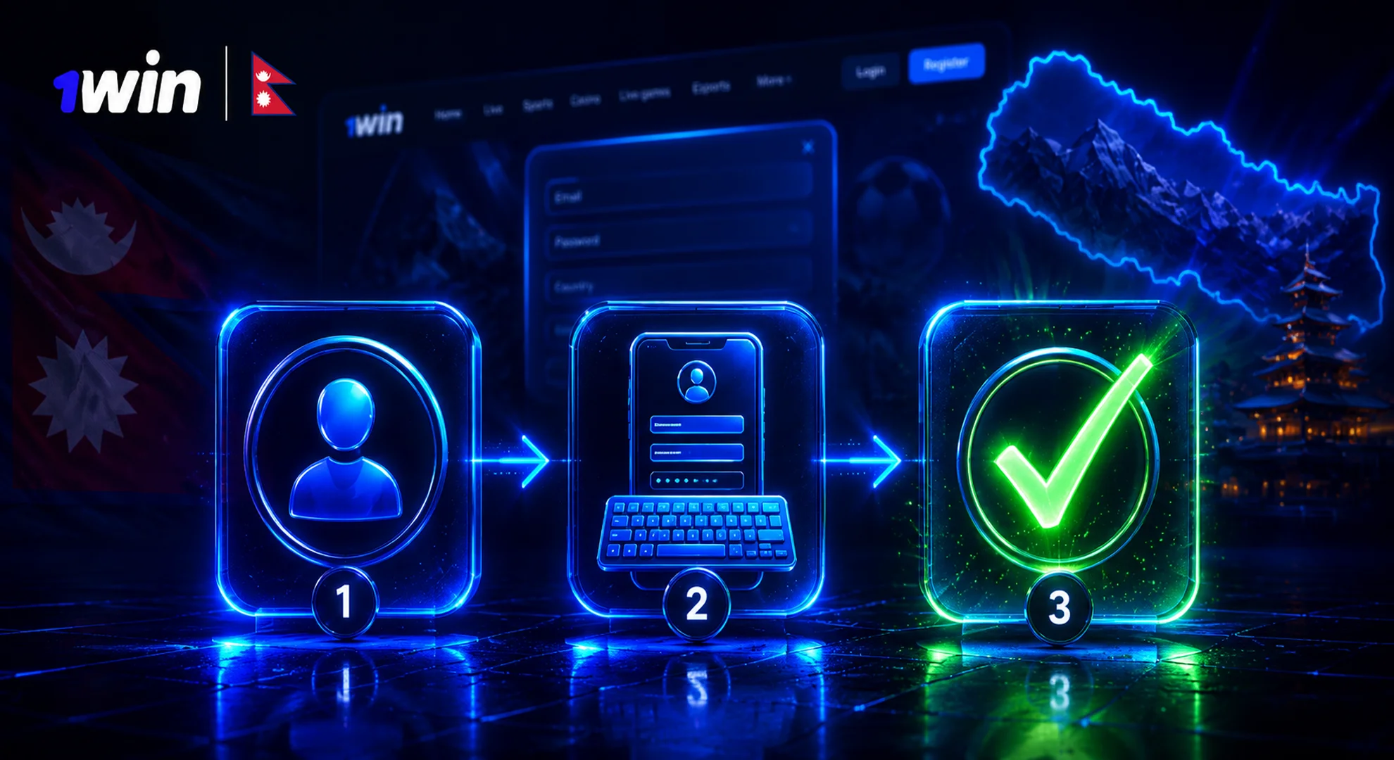 Three glowing icons showing registration steps with a profile symbol, data input, and a green checkmark