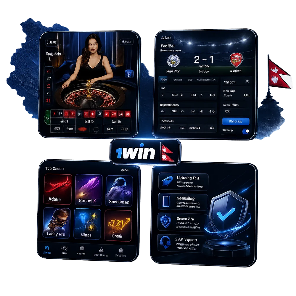1win-nepal-platform-features-grid.webp Clean dashboard grid layout on transparent background showing live casino roulette and sports betting match details