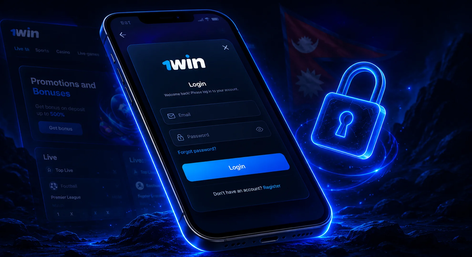 Isometric smartphone displaying the 1win login form with email, password fields, and a secure lock icon