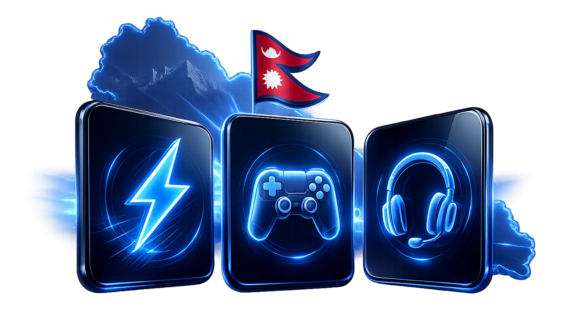 Three isolated glossy panels featuring lightning, joystick, and support headphones icons on transparent background
