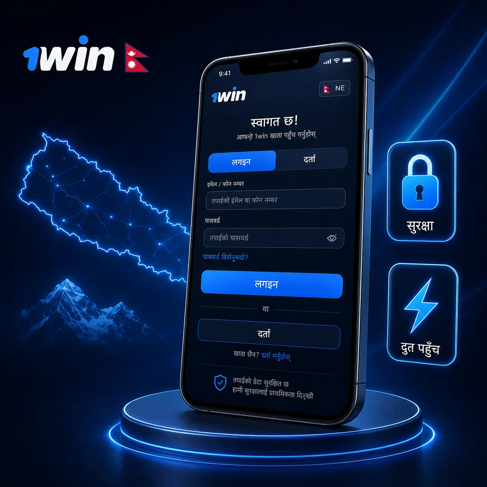 Mobile login layout accompanied by flat padlock and lightning icons representing secure quick access in Nepali