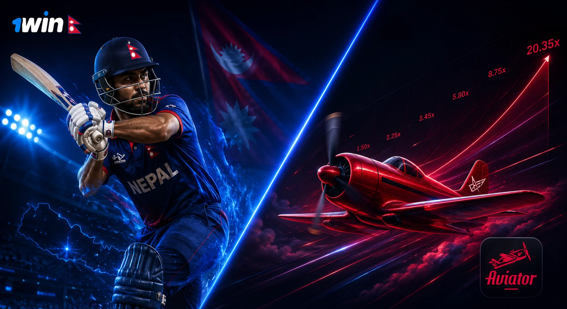 1win-sports-betting-and-casino-slots.webp Diagonally split screen showcasing a cricket player on one side and the Aviator plane game on the other