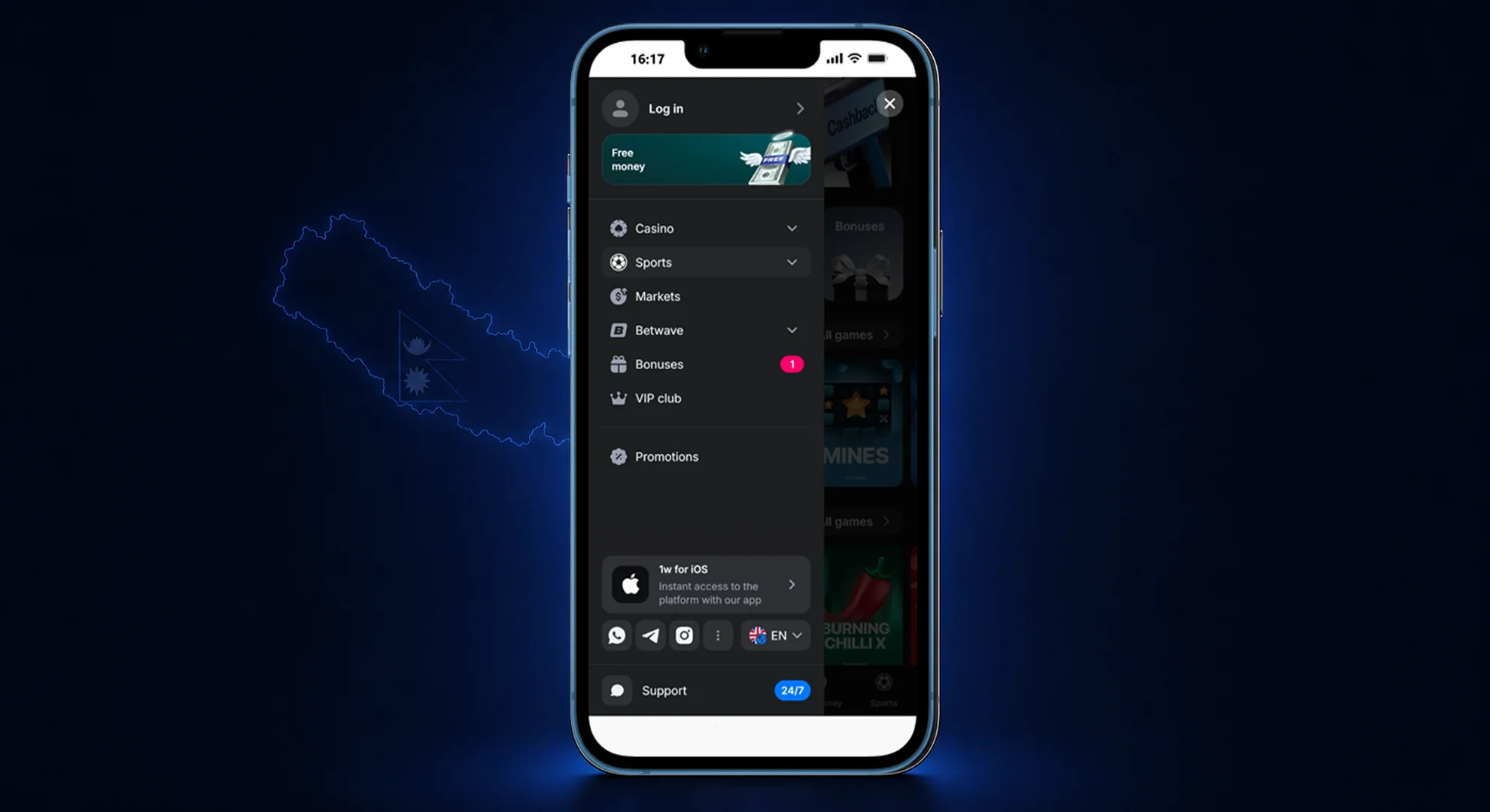 download-1win-app-ios-android-bonus.webp 3D interactive download buttons for iOS and Android with an app installation bonus sticker and spark effects