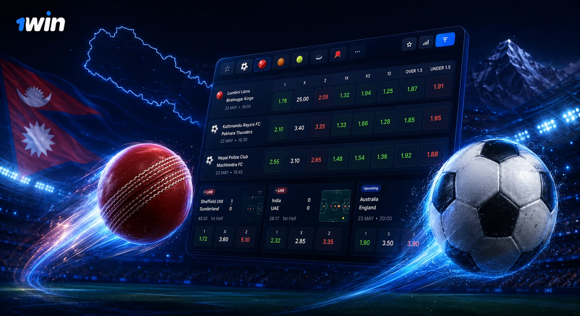 popular-sports-betting-markets-1win.webp Flying cricket ball and football in front of a live odds scoreboard and stadium lights with 1win logo