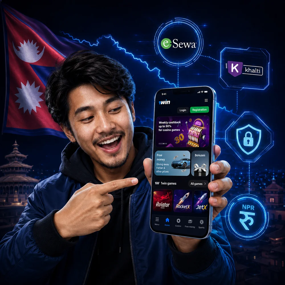 Nepalese user holding a smartphone with 1win app surrounded by eSewa, Khalti, and NPR currency icons